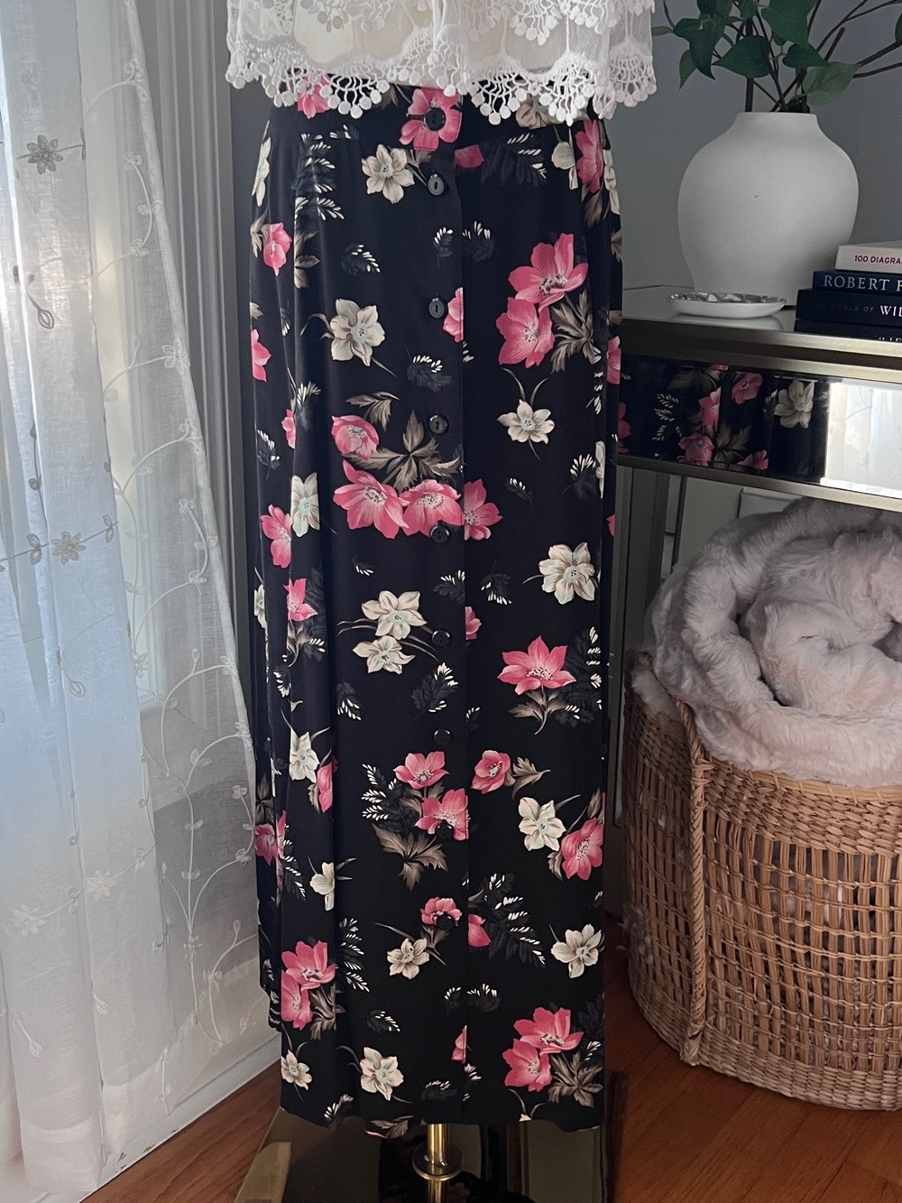 Floral Maxi Skirt - Black with Pink & White Flowers
